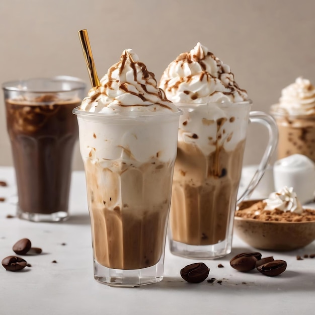 Café froid avec de la glace et de la crème sur un fond blanc latte froid fait maison