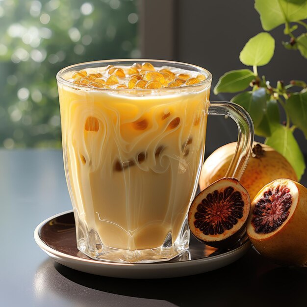 Café avec des fruits de la passion et des figues dans une belle tasse en verre Café aux fruits IA générative