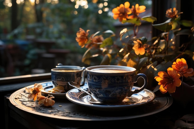 Café Gâteau au café et à la cannelle dans un jardin coloré à l'aube générative IA