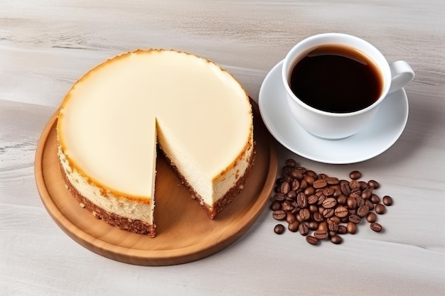 Café et gâteau au fromage sur un fond de béton blanc vu d'en haut
