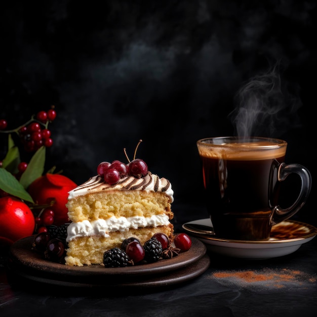 café avec gâteau sur fond noir