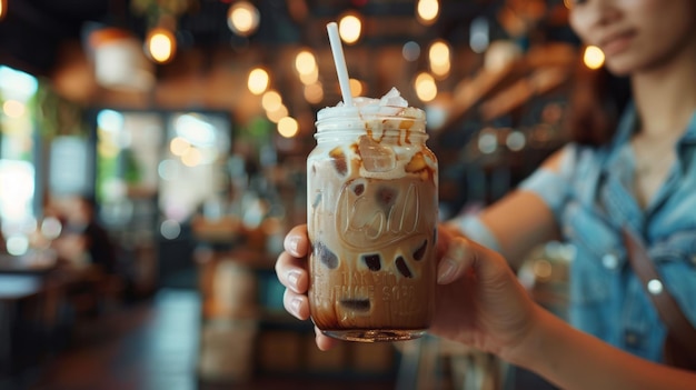 Café glacé avec de la crème fouettée dans une tasse en verre dans un café