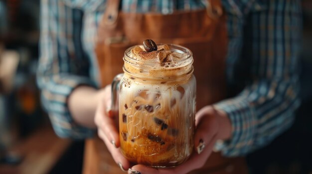 Café glacé avec de la crème fouettée dans une tasse en verre dans un café