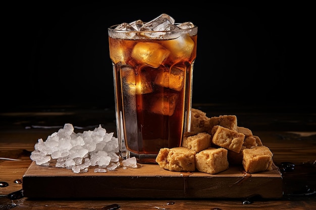 Café glacé et cubes de sucre servis dans un verre transparent sur un sous-verre en bois