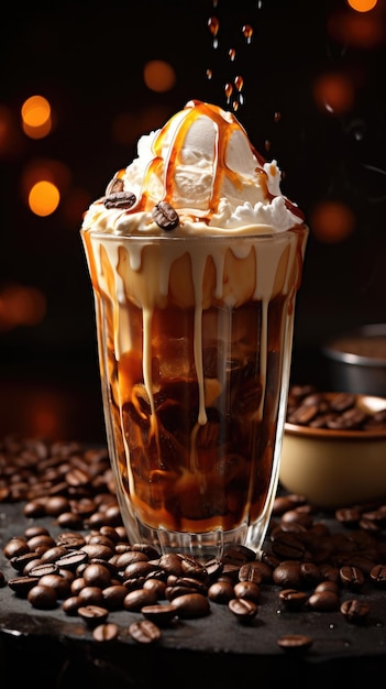 café glacé mochaccino café avec crème fouettée au lait et grains de café