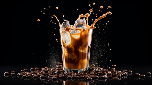 Café glacé rafraîchissant avec de la glace et des grains de café sur fond noir