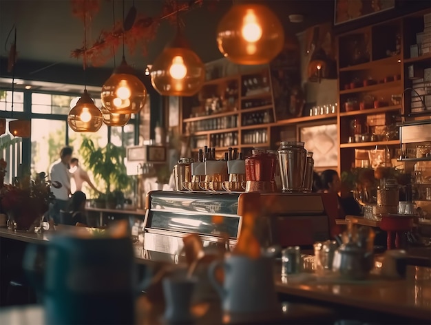 Un café avec une grande fenêtre et une table avec des chaises