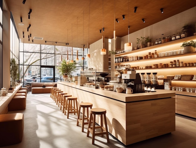 Un café avec une grande vitrine derrière le comptoir.