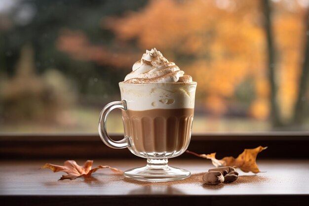 Le café de l'harmonie d'automne avec une belle crème au milieu du feuillage d'hiver