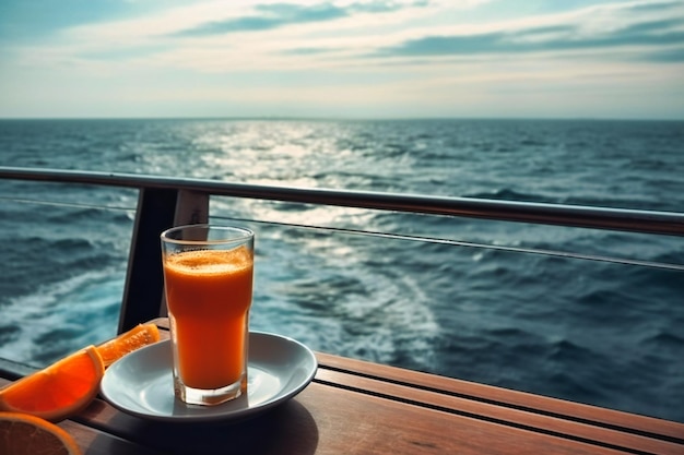 Café ou jus d'orange sur une table près de l'océan lors d'une croisière
