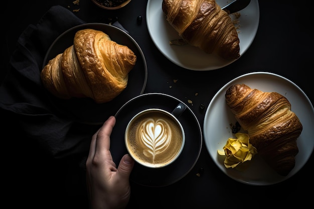Café avec lait et croissants sur la table Vue d'en haut générative IA