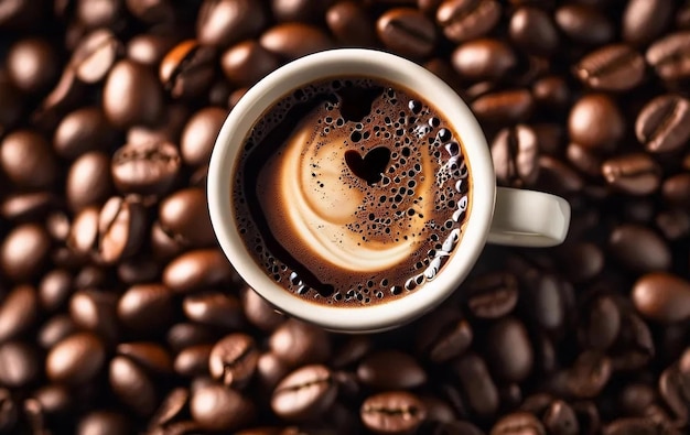 Le café latte art espresso est posé à plat sur les grains de café.
