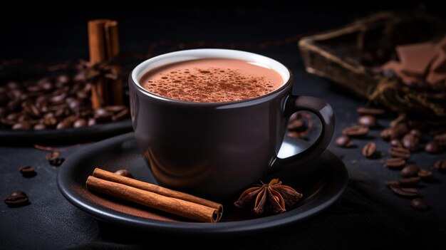 café latte avec de la crème fouettée et du chocolat sur un fond noir