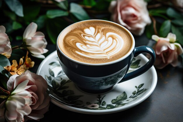 Le café latte sur une table métallique abstraite