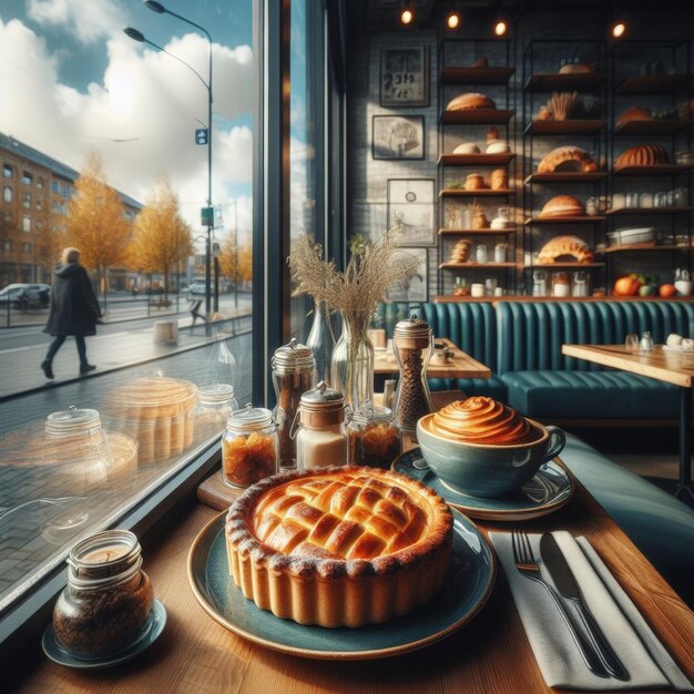 café magasin avec gâteau sur la table porte en verre rue côté extérieur