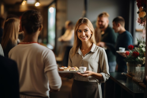 Café à la maison Une serveuse livre des tasses chaudes à des clients satisfaits dans le café AR 32