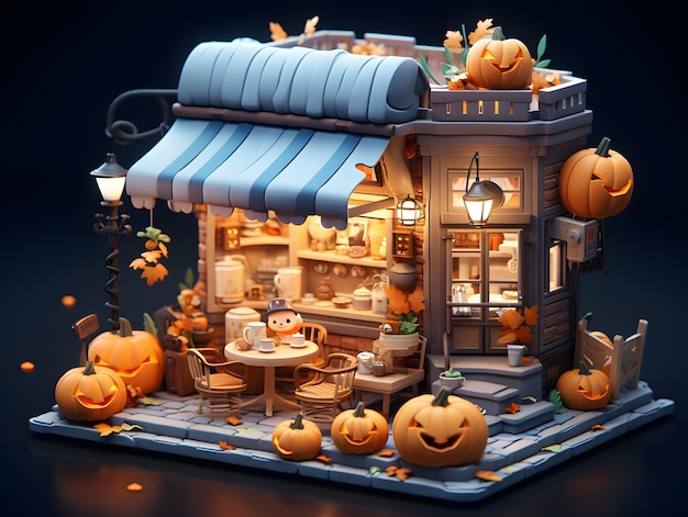 Café mignon d'Halloween avec des citrouilles de chats et des fantômes illustration de rendu 3d