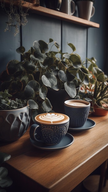 Café avec de la mousse sur la table avec des plantes en arrière-plan Image AI générative
