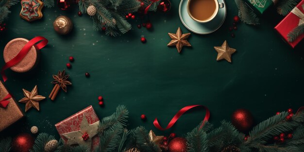 Photo café de noël avec des branches de nobilis cadeaux et boules rouges carte de vœux de noël bonne année