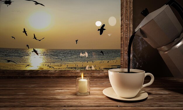 Café noir dans une tasse blanche sur une soucoupe Tasse de café sur une table en bois près de la fenêtre avec vue sur la mer Sunset à la mer Table près de la vitre à la maison de plage Allumez une bougie dans un verre transparent rendu 3D