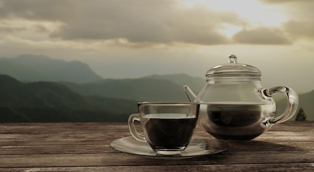 Café noir en tasse de café claire et pot sur table en bois vue de montagne rendu 3D