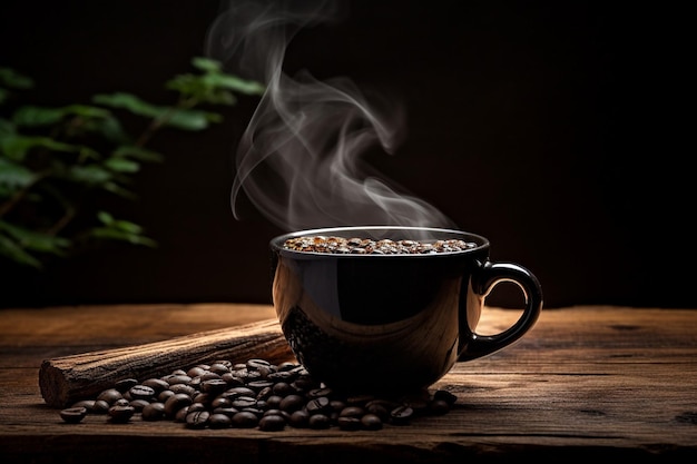 Un café noir à la vapeur dans une tasse de bois rustique