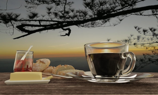 Photo café noir en verre transparent et pain fait maison sur le boucher pour le concept de petit déjeuner sur une table en bois arrière-plan flou vue sur la montagne et le lever du soleil rendu 3d