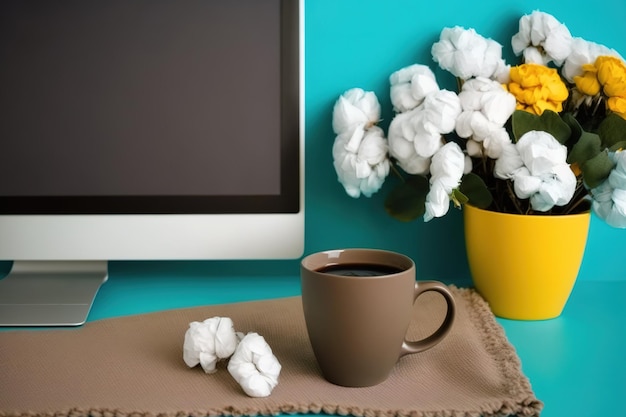 Photo café d'ordinateur moderne et magnifiques fleurs de coton le long du mur de couleur