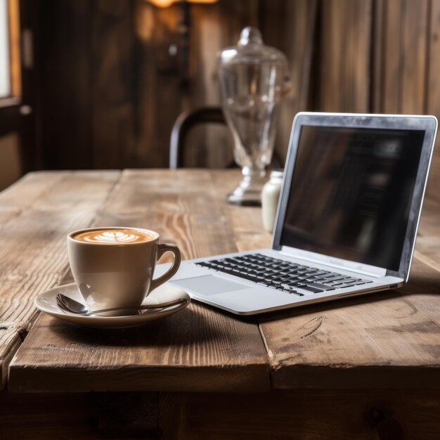 Photo café et ordinateur portable sur une table en bois