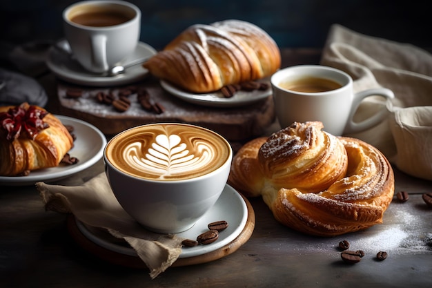 Café et pâtisseries sur une table avec une tasse de café