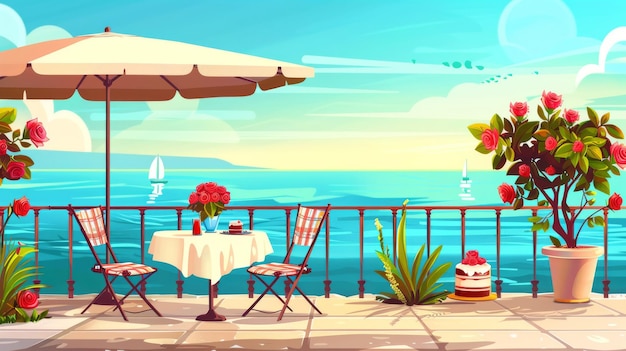 Café de plage typique de l'été sur la terrasse avec des roses dans un vase et du gâteau sur la table, des chaises à carreaux, des parapluies, des plantes et des fleurs, un café de plage de dessins animés sur le balcon du rivage.