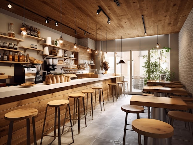 Un café avec un plancher en bois et des tabourets en bois.