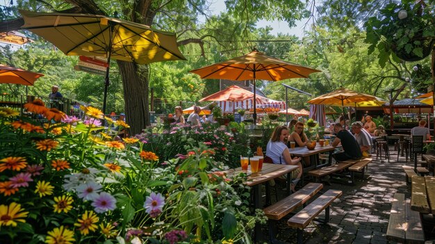 Café en plein air animé avec des clients qui apprécient les repas sous des parapluies au soleil entourés de plantes luxuriantes Concept de vie et de restauration urbaine