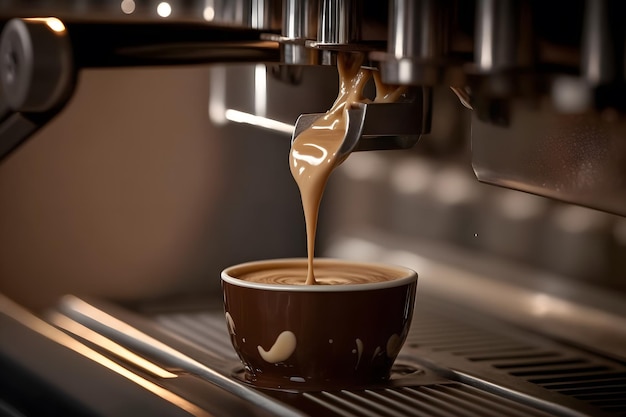 Café préparé dans une machine à expresso professionnelle versant dans une tasse Réseau de neurones généré par l'IA