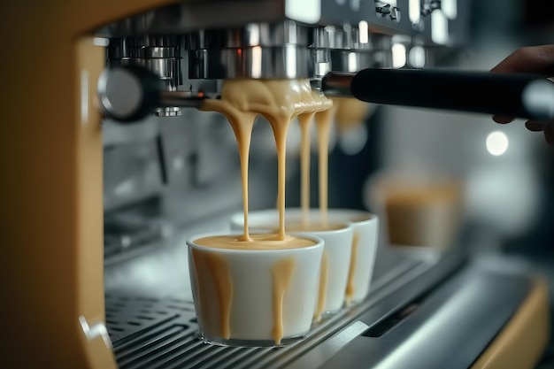 Café préparé dans une machine à expresso professionnelle versant dans une tasse Réseau de neurones généré par l'IA