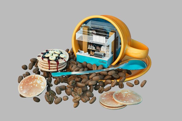 Photo café de rendu 3d et éléments de grains de café