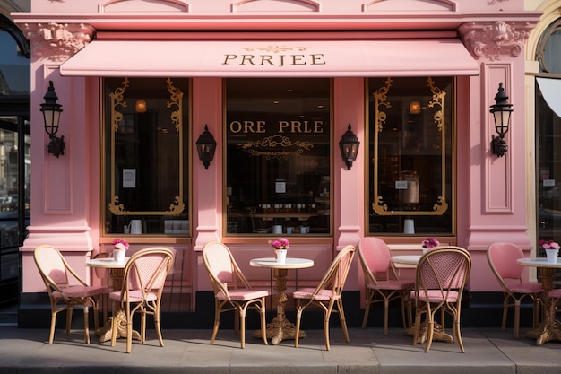 Photo un café rose avec des garnitures en or et des chaises à l'extérieur