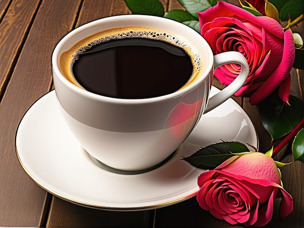 Café avec une rose rouge.