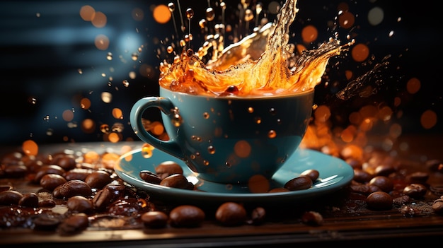 café splash photo grains de café avec des gouttes de café