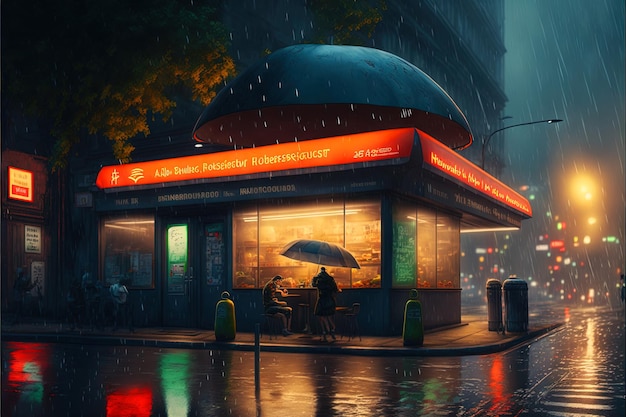 Café de style cyberpunk au coin de la rue avec des néons Restaurant de restauration rapide futuriste avec de fausses enseignes au néon IA générative