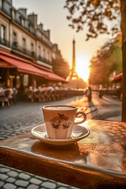 Café sur une table en bois en arrière-plan la tour Eiffel au coucher du soleil