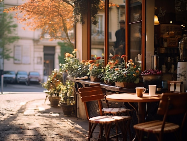 Un café avec une table et des chaises et une enseigne qui dit " café ".