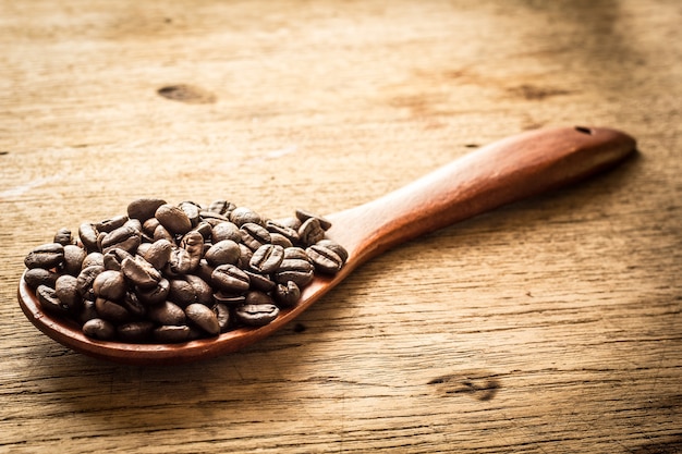 Café torréfié sur une cuillère en bois