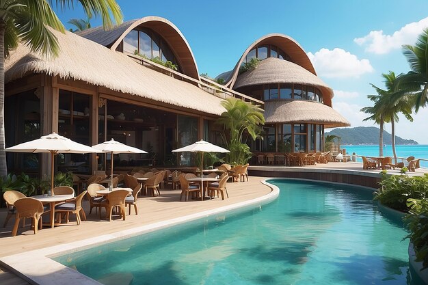 Café tropical devant la piscine au bord de la mer