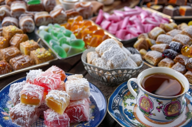 Photo café turc et coloré ramadan eid bonbons et chocolat desserts traditionnels de la cuisine ottomane