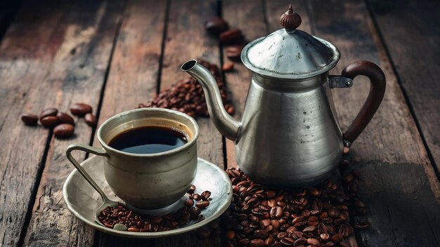 Café turc dans le pot et la tasse métalliques