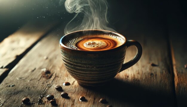 Photo le café à la vapeur dans une tasse artisanale sur une table rustique