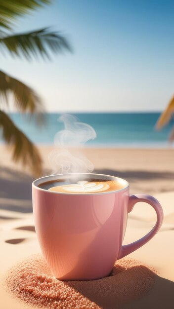 café à la vapeur dans une tasse rose sur le sable sur la plage sur le fond de la mer palmiers ciel bleu le concept de bon matin bonne humeur voyage vacances et relaxation