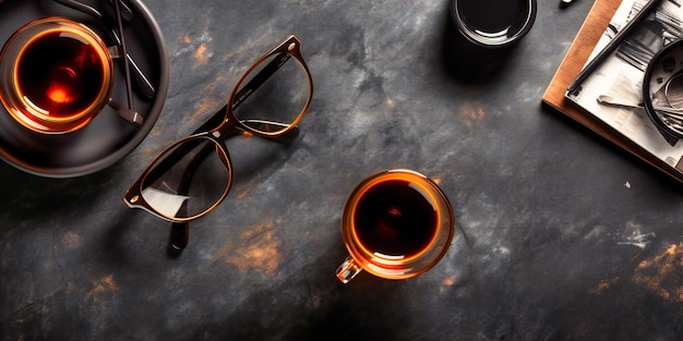 Café et verres sur une table en bois