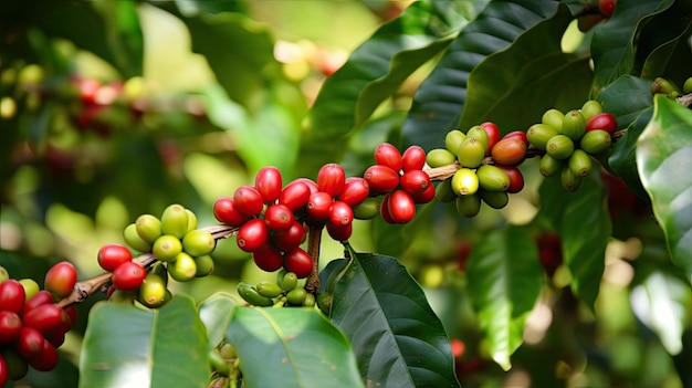 Caféier avec des grains de café rouges sur une plantation de café Generative AI